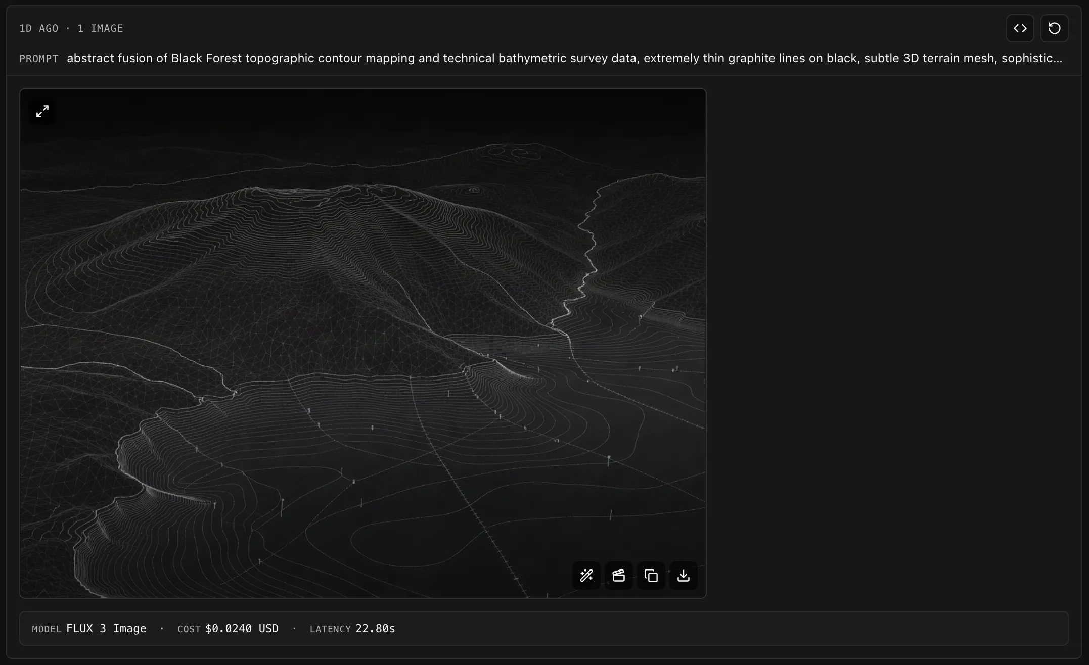 The bfl.ai screen for that picture: a Flux prompt about Black Forest contours and bathymetric lines, and the result, thin white graphite on black.