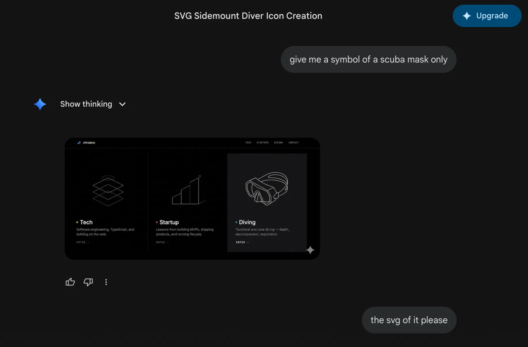 Gemini, asked for a scuba mask and then for the SVG, with a three-column page already on screen: Tech, Startup, and Diving. The diving card has a clean line-drawn mask.