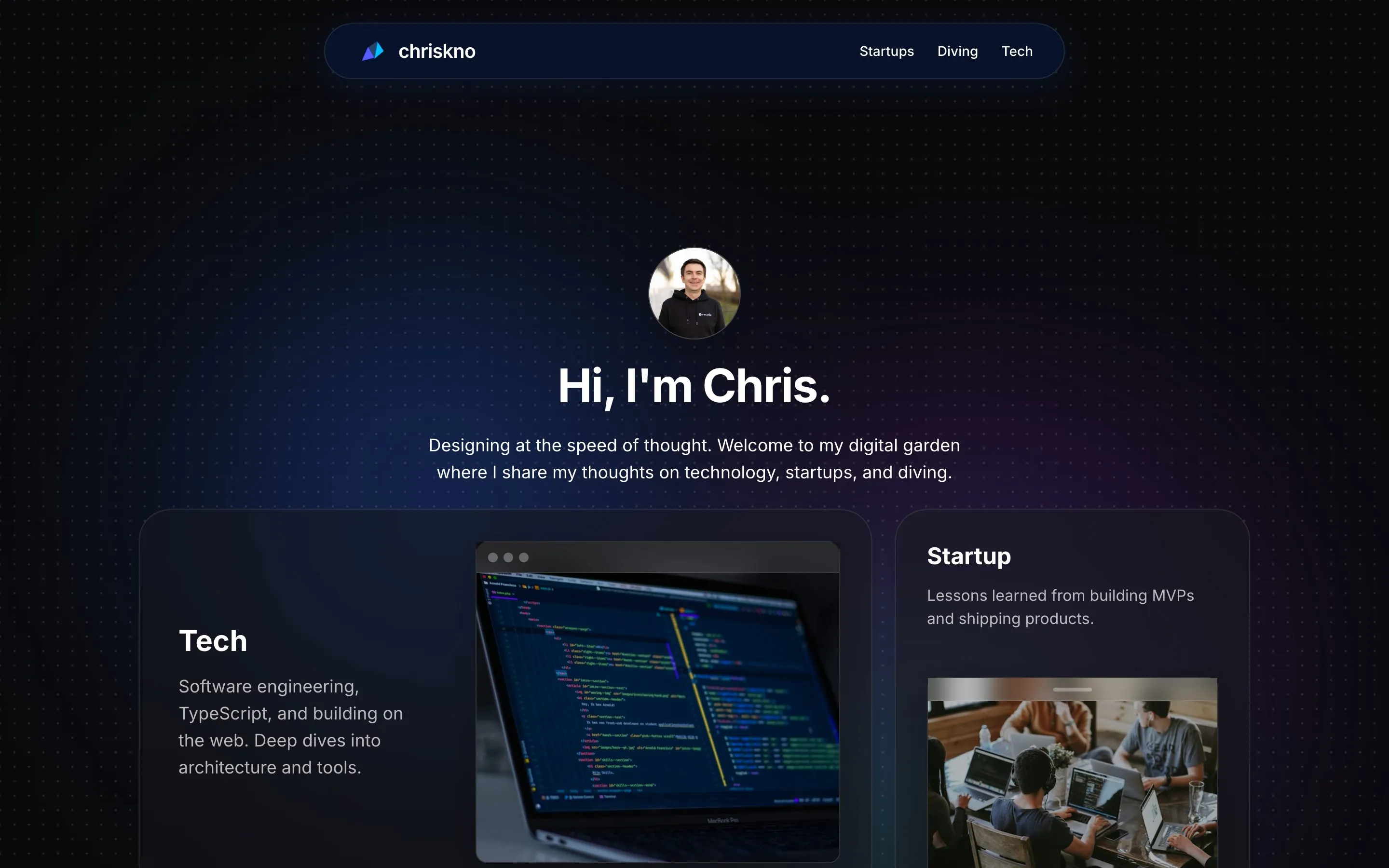 A dark homepage with a floating navigation pill for Startups, Diving, and Tech, a portrait, and glassy cards of stock photos.