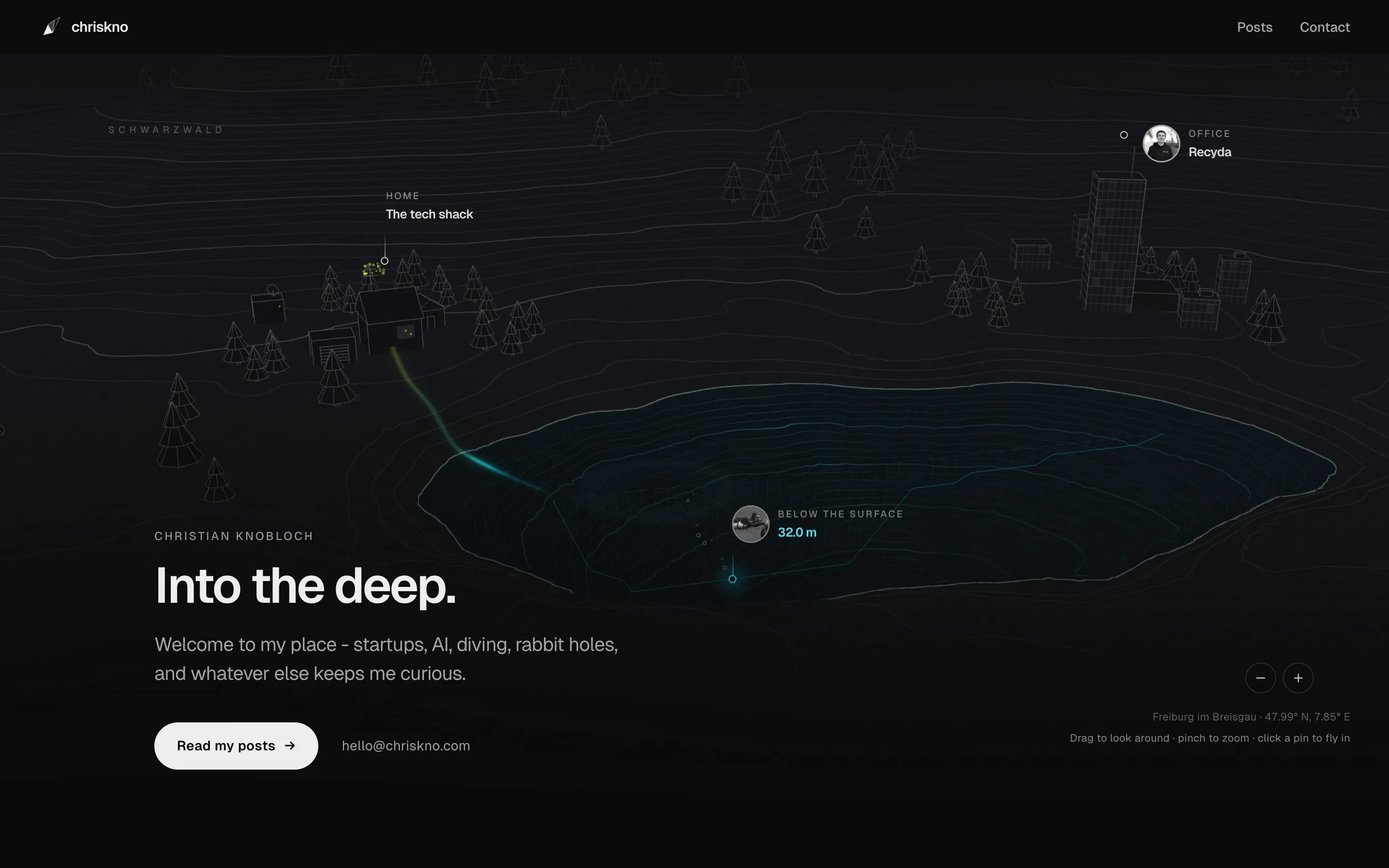 The homepage still drawn as contour lines: the shack, the office, the lake, and a diver at 32 metres, under the line Into the deep.