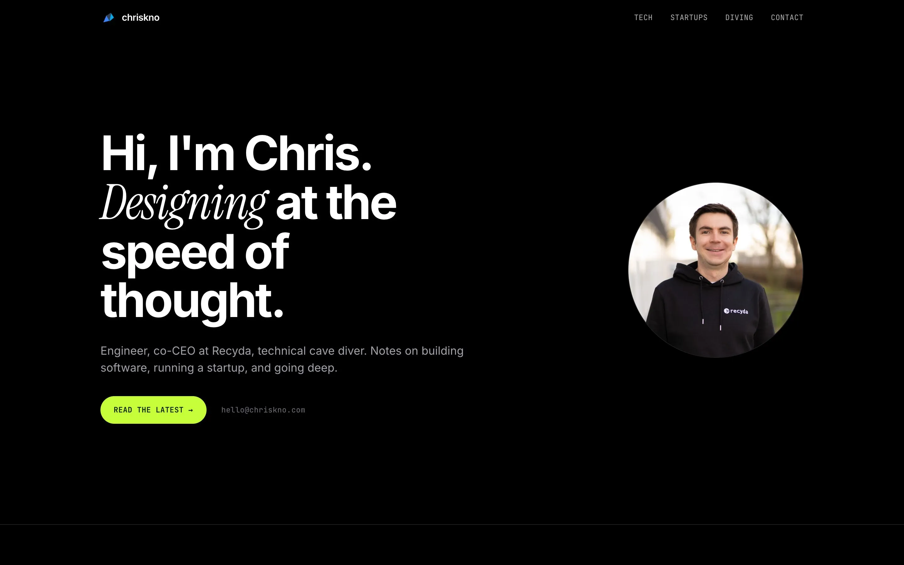 A black homepage with a large headline, Designing at the speed of thought, a circular portrait, and a lime button.