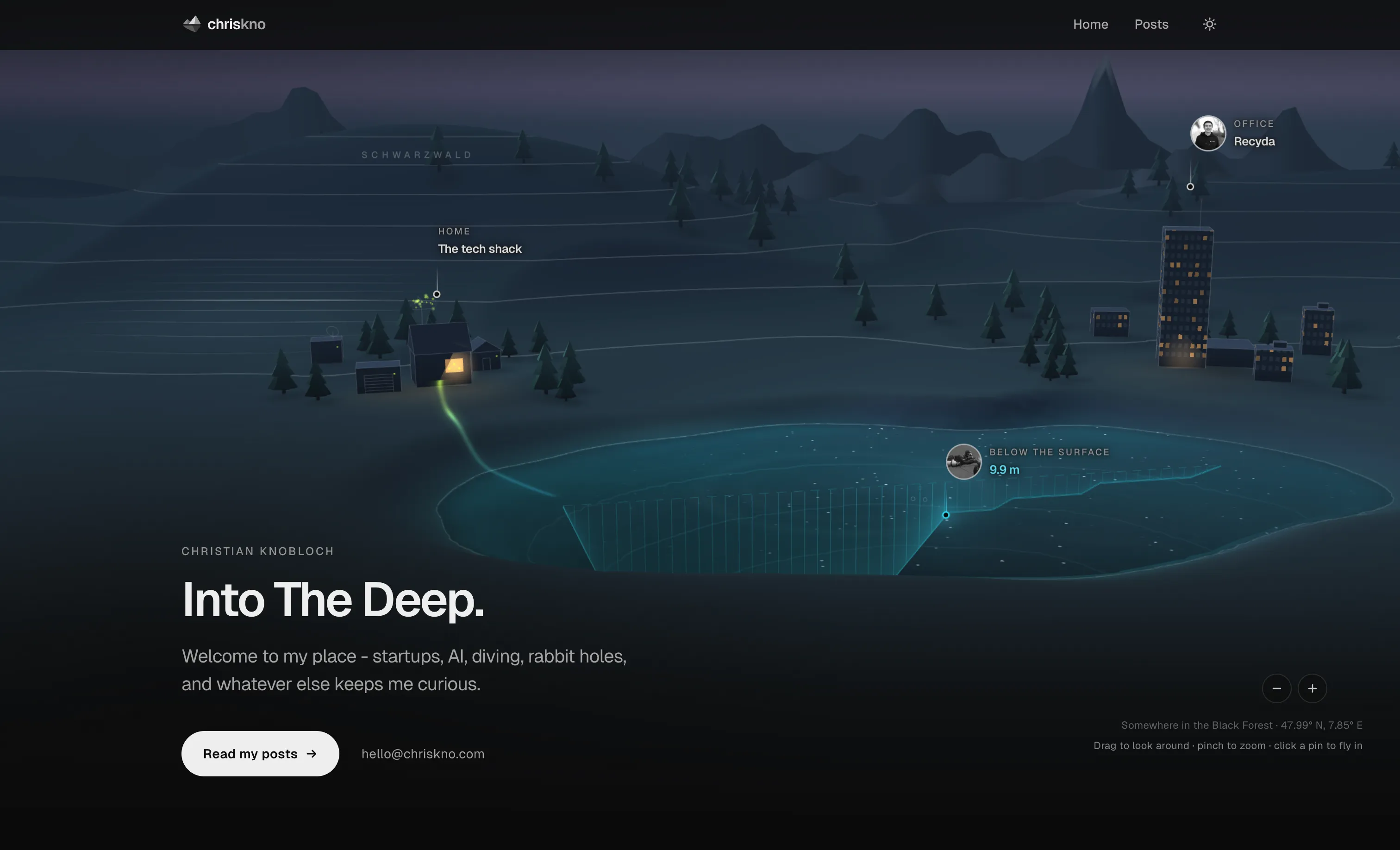 The homepage at night: the lake glowing under the contour lines, the shack and the office lit, a diver at 9.9 metres, under the line Into The Deep.