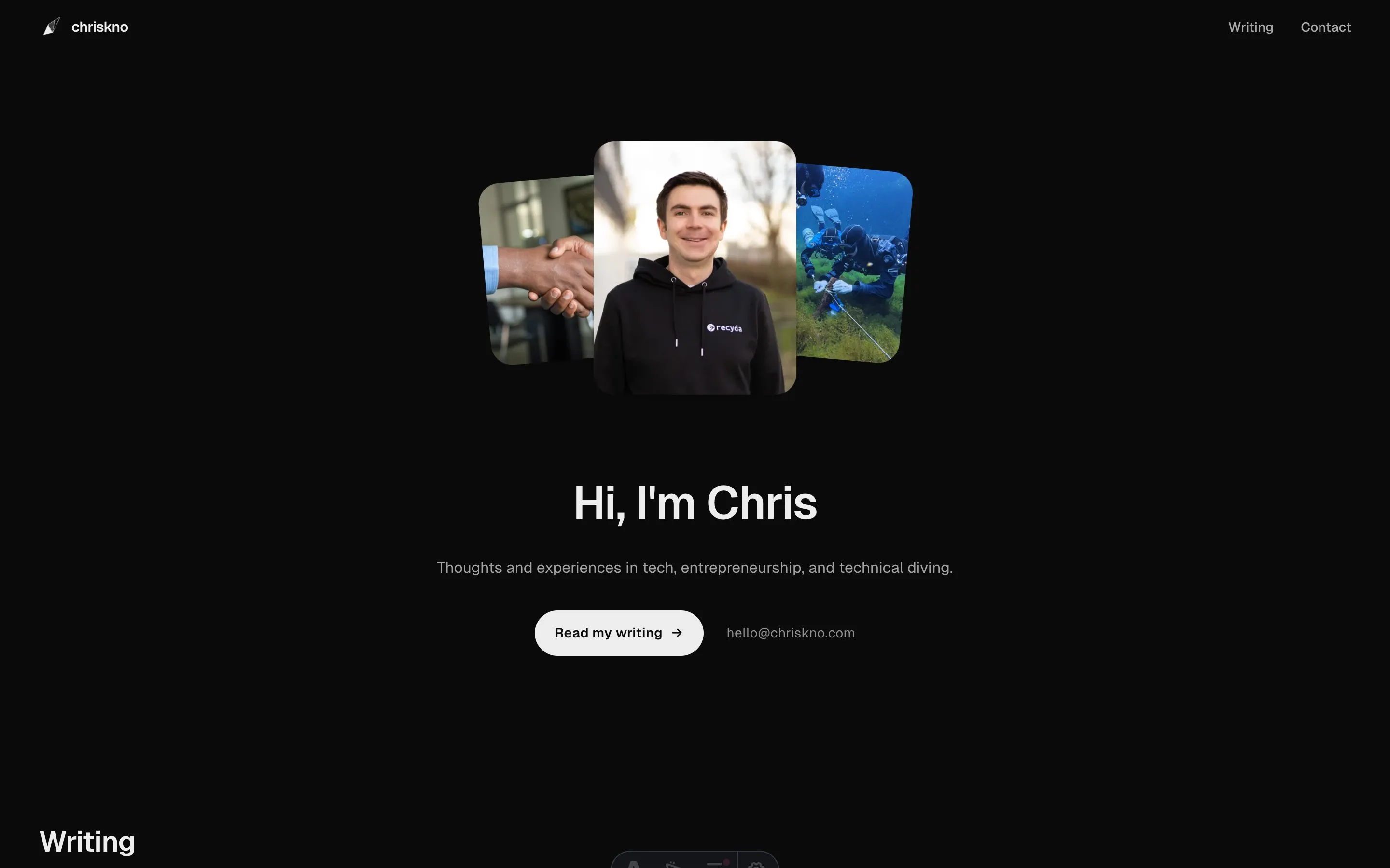 A dark homepage with three overlapping photographs, the headline Hi I'm Chris, and a Writing heading at the bottom.